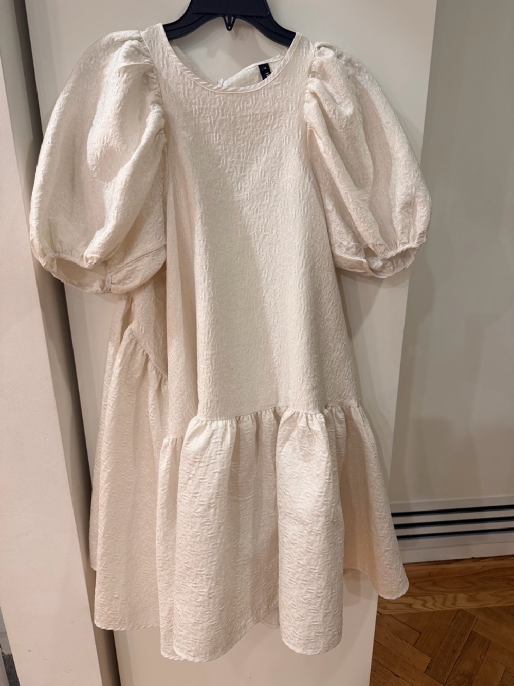 Beulah Puff Sleeve Mini Dress Size Medium – Ivory Textured Babydoll Dress